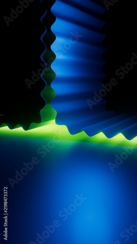 Layered blue abstract waves with green neon glow create a vivid vertical scene. Futuristic background for technology, media, and modern digital art. 3D render illustration.