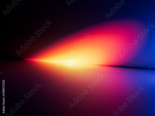 Bright neon gradient flare with soft red, pink, and blue diffusion on dark. Eye-catching abstract background for technology, media, and modern branding. 3D render illustration.