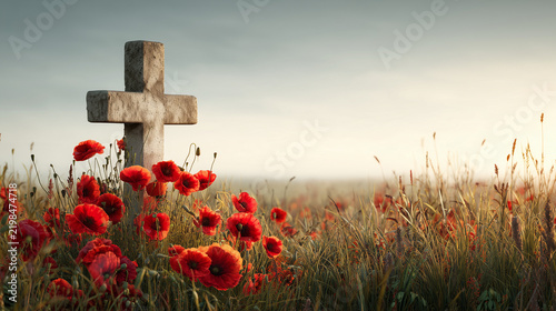simple weathered stone memorial cross surrounded by red poppies and autumn grass, soft sunrise light, peaceful European landscape, respectful remembrance concept, photorealistic, no people, no text