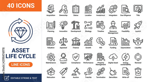 Comprehensive collection of professional asset life cycle line icons presented in clean black vector graphic style