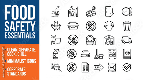 Food safety vector graphic illustration featuring essential hygiene icons for professional kitchen standards and regulatory compliance