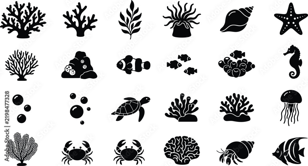 Obraz premium Ocean reef and marine life silhouette icon collection featuring coral reefs, sea plants, shells, starfish, tropical fish, turtle, jellyfish, crabs, seahorse, and shrimp