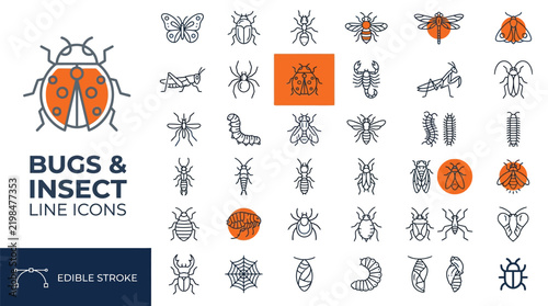 Detailed collection of orange and black line vector icons featuring various common bugs and insects