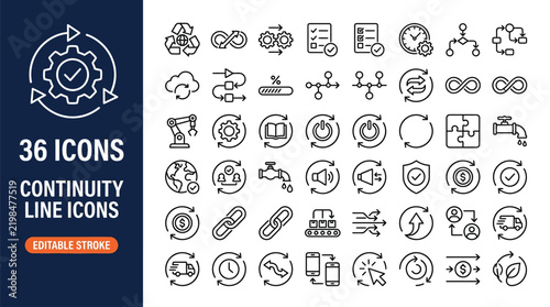 Collection of business continuity vector line icons featuring professional workflow designs for modern digital interface projects
