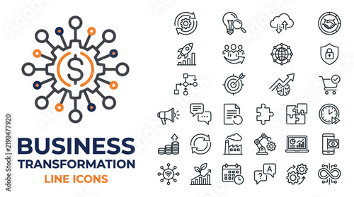Professional collection of digital business transformation line vector icons featuring modern minimalist financial management symbol designs
