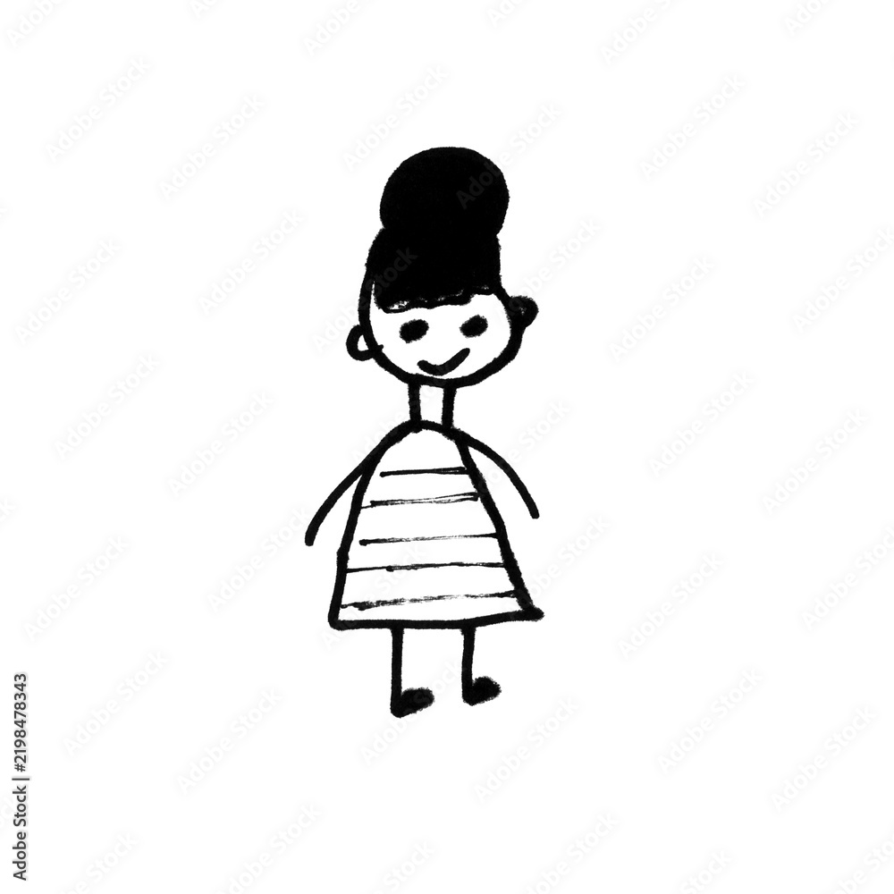 Fototapeta premium Black and White Stick Figure Woman with Updo Hair and Striped Dress Doodle Illustration