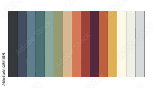 Aesthetic color palette banner showcasing vertical stripes of warm earthy, sage green, rust, and cool blue tones.