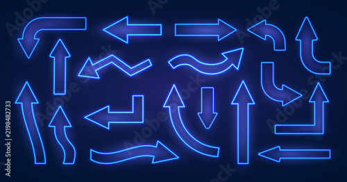Collection of futuristic blue neon arrows with glowing outlines and luminous interiors in multiple directional and curved forms. Vector EPS 10.