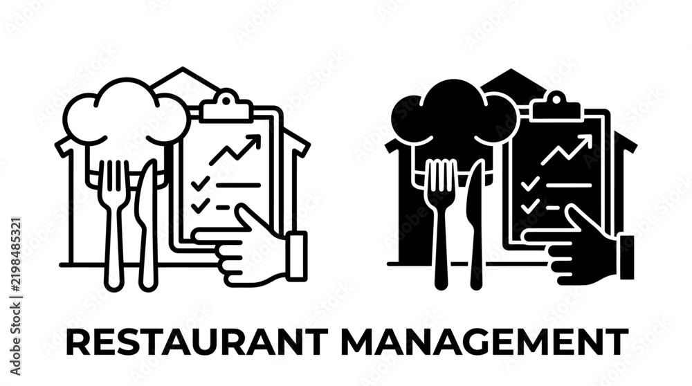 Obraz premium Restaurant management icon set showing a chef hat and clipboard with business growth data management restaurant business clipboard strategy planning hospitality operation illustration