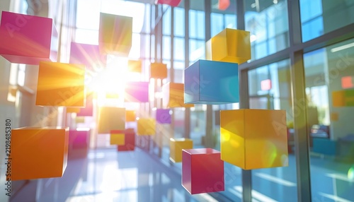 Floating colorful interlocking geometric blocks emitting light rays inside modern glass office