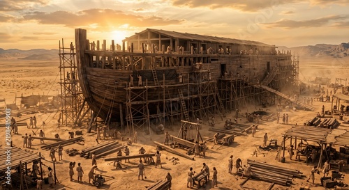 Noah ark construction site in desert landscape at dramatic sunset