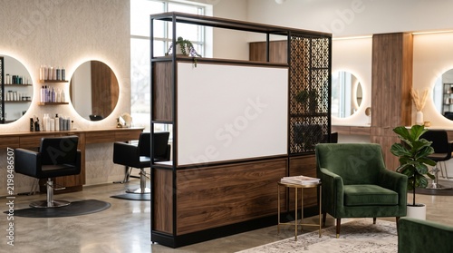 Modern luxury hair salon interior featuring a wooden partition wall with white signage display panel