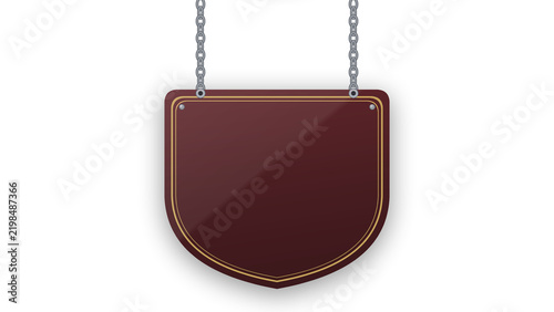 Cuadro en lienzo Dark red shield shaped sign hanging from chains