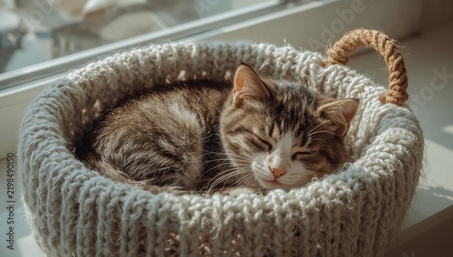 Cat Sleeping in Cozy Basket by Window With Sunlight Shining In