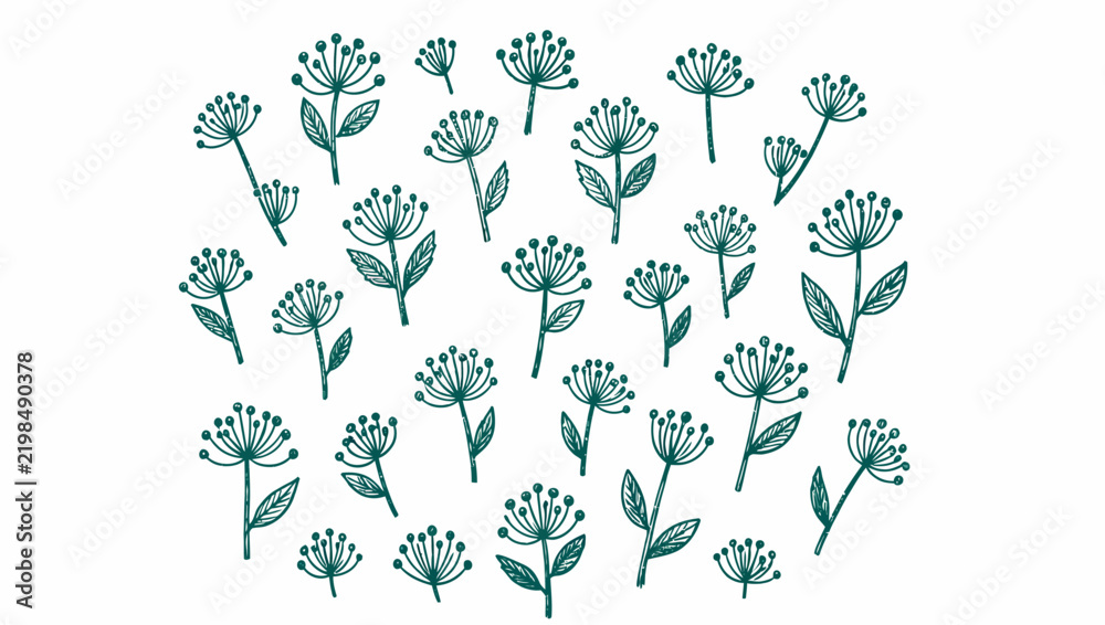 Fototapeta premium Teal Botanical Sprig Pattern on White.