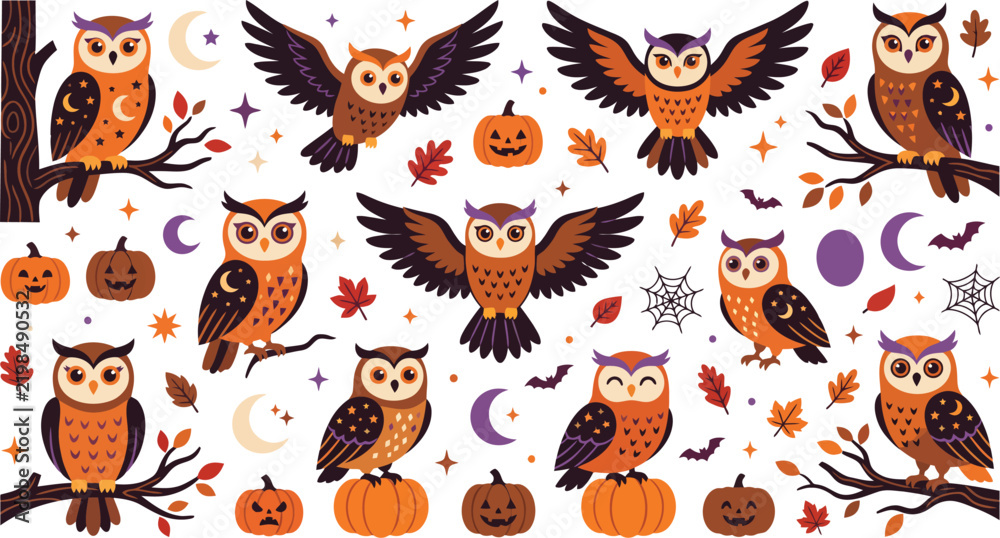 Fototapeta premium Cute Halloween owls set with pumpkins bats and autumn leaves vector illustration