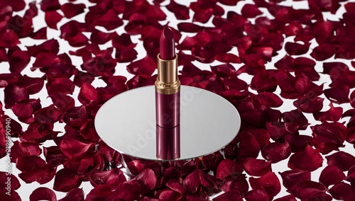 Lipstick Placed on a Mirror Surrounded by Red Rose Petals