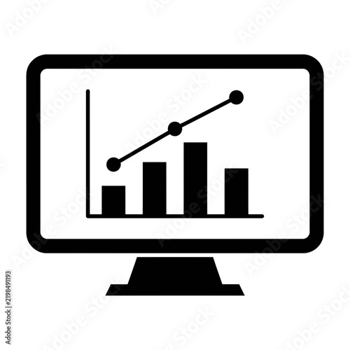 Black and white computer monitor icon displaying bar chart and rising line graph data