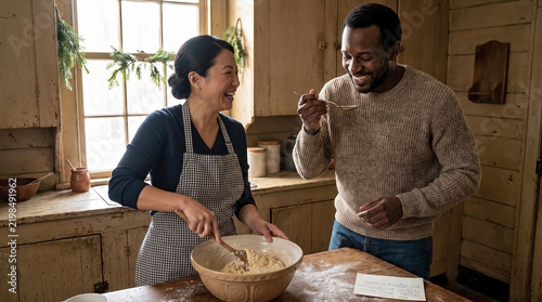 Ethnically diverse couple baking together in rustic kitchen. Asian woman mixing dough and Black man tasting food from spoon. Happy partners recreating family Christmas recipe
