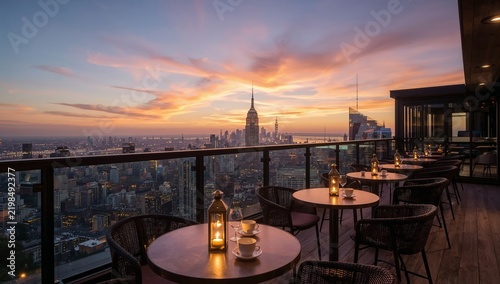 New York City Skyline View From Rooftop Restaurant at Sunset