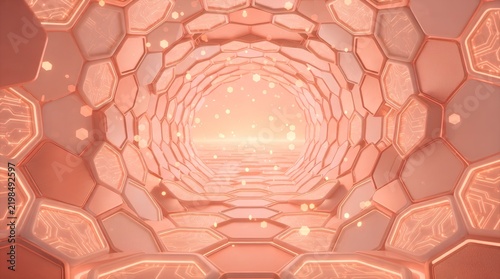 Microscopic view of cellular structures in shades of cyan and orange with microscopic structure research biological abstract