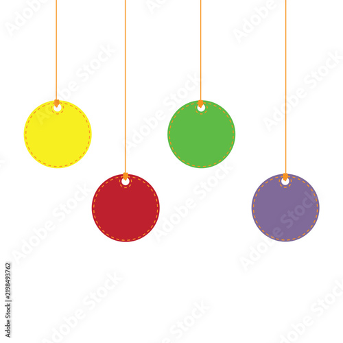 Set of four blank hanging round colorful labels with stitching detail