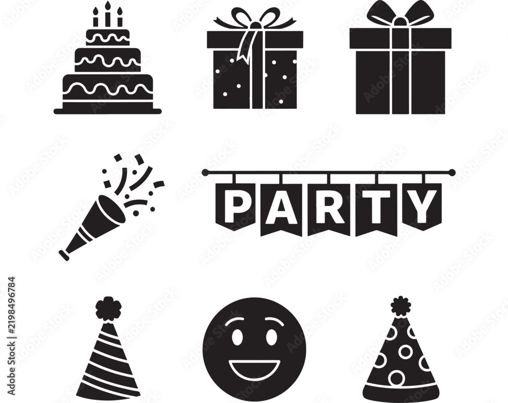 Obraz premium Party Icons Set with Cake, Gifts, Confetti, Streamer, and Banner. Celebration Design Elements, Festive Illustration.