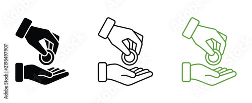 Hand giving coin money charity donation icon set featuring financial payment, cash transfer, philanthropy, contribution, fundraising, and community support symbols