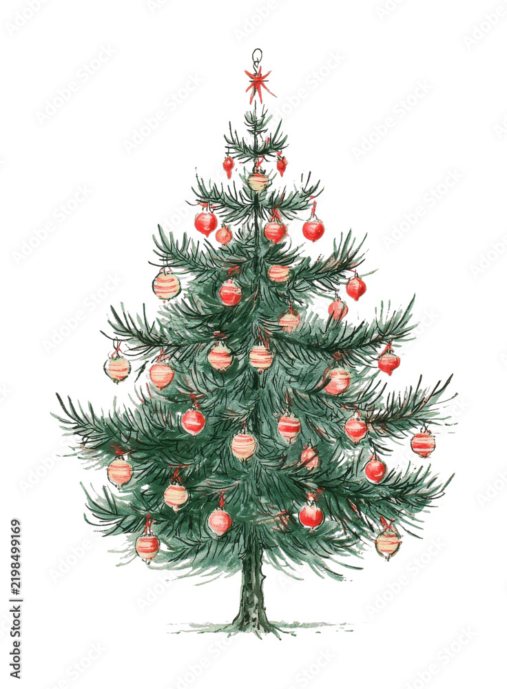 Obraz premium PNG Hand drawn Christmas tree with red ornaments on textured background
