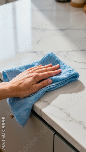 Hand wiping marble countertop with blue cloth