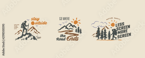Adventure Hiking Badges Hand-Drawn Retro Outdoor T-Shirt Designs for Nature Exploration and Camping