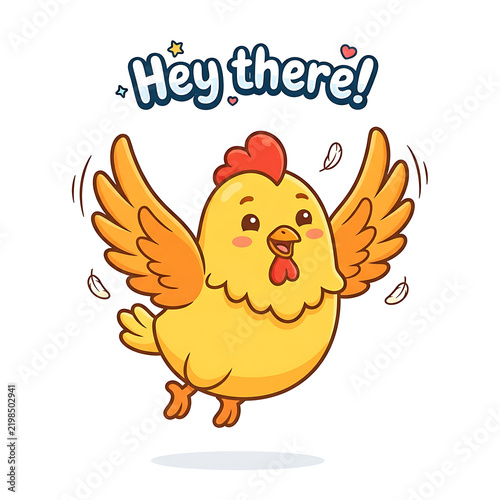 Cute cartoon chicken flying with hey there sign.