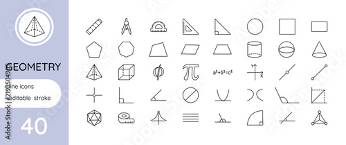 Geometry-themed linear icon set, editable stroke