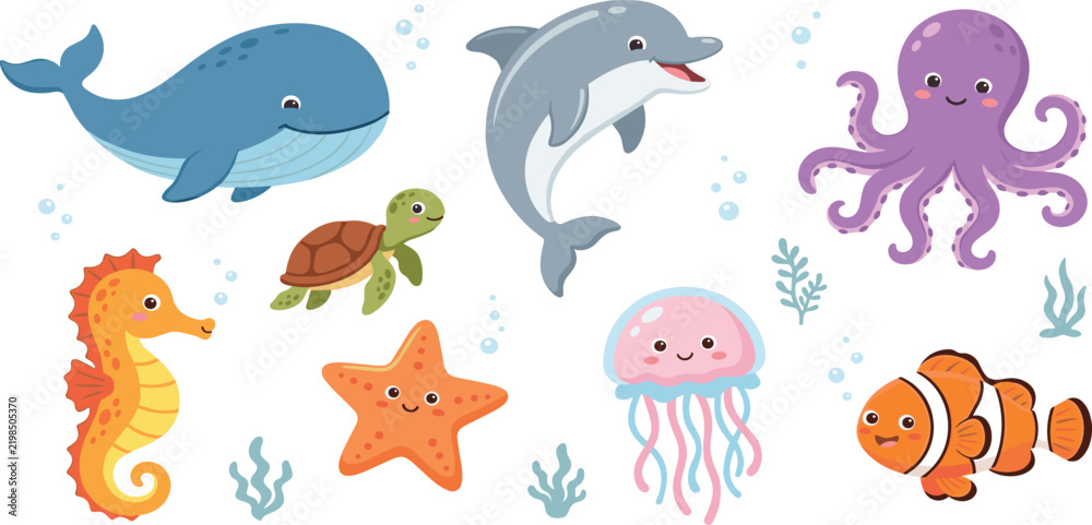 Obraz premium Cute Sea Life Animal Vector Character Set Featuring Whale Dolphin Octopus Seahorse Turtle Starfish and Jellyfish for Under The Water Graphic Designs