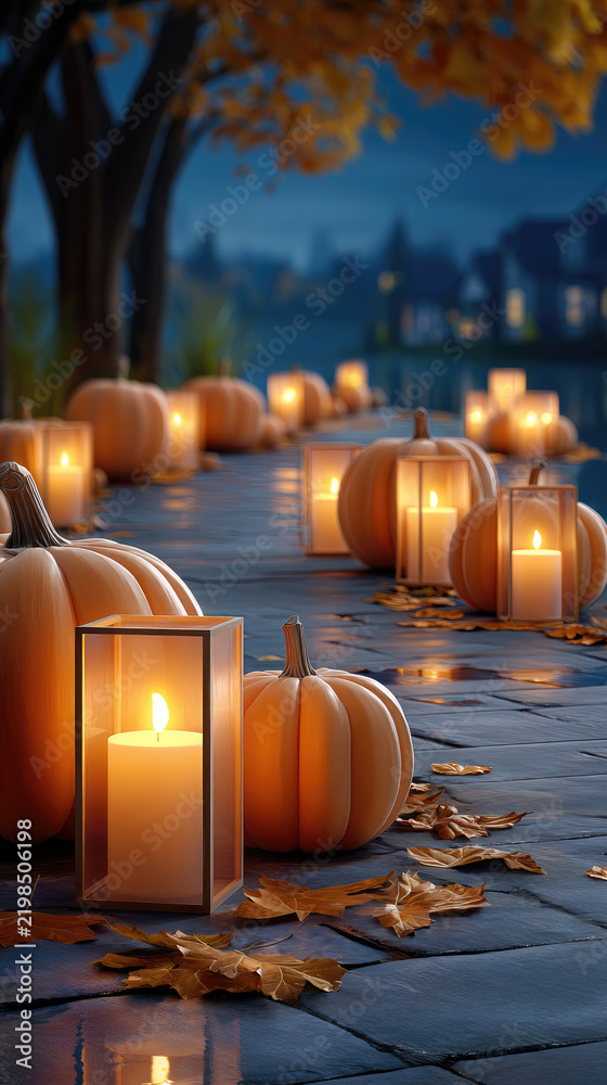 Obraz premium St. Martin's day celebration features numerous pumpkins and illuminated candles lining a stone path, capturing the essence of fall festivities with soft light and scattered autumn leaves