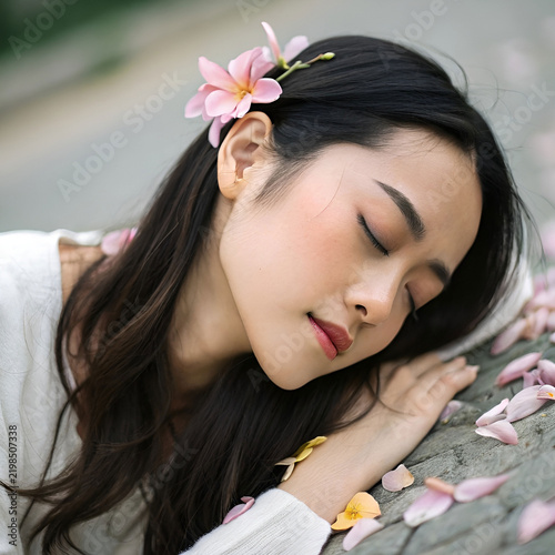 A soft female portrait features delicate flower petals resting across her face.