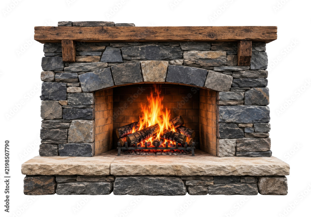 Obraz premium PNG Rustic stone fireplace with glowing fire and wooden mantel