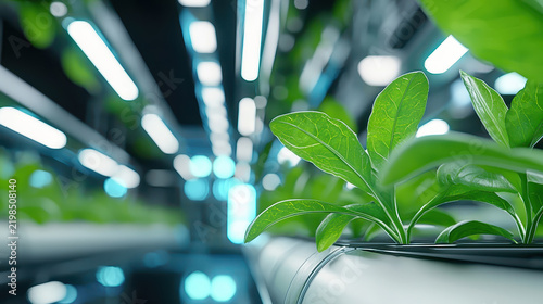 Futuristic indoor garden with vibrant green plants growing in hydroponic system, showcasing modern agricultural technology and innovation