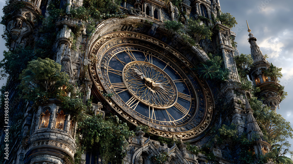 Fototapeta premium Dark fantasy fortress tower massive clock structure wallpapers