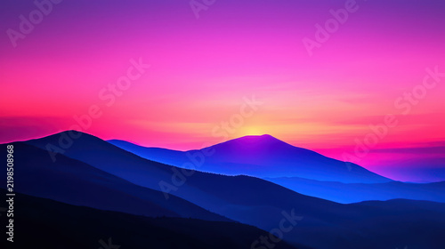 Breathtaking sunset over rolling mountains creates serene atmosphere with vibrant colors blending beautifully