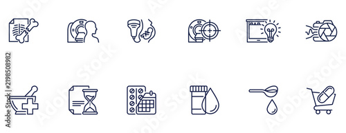 Radiology and Pharmacy Line Icons Set, Medical Diagnostic Imaging, CT MRI Scan, Medication and Prescription Symbols Isolated on White