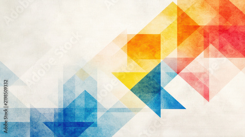 Colorful geometric shapes create vibrant abstract background with blend of blue, yellow, orange, and red tones, evoking sense of creativity