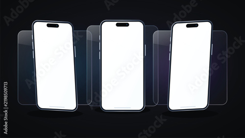 Smartphones with Glass Effect and Blank Screens, a Modern Mobile Device Mockup Set. Clean Design for App or Website Presentation.