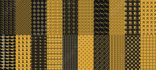 Japanese Patterns Collection with Geometric and Floral Motifs in Black and Gold. Traditional Textile Design Elements for Fabric and Wallpaper.