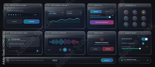 Dashboard Panels with Data Visualizations, Graphs, and Interface Elements in a Dark Glass Effect Design. and Ui