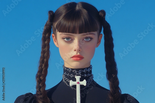 Close-up portrait of a gothic woman with braided pigtails and a cross necklace against a blue sky