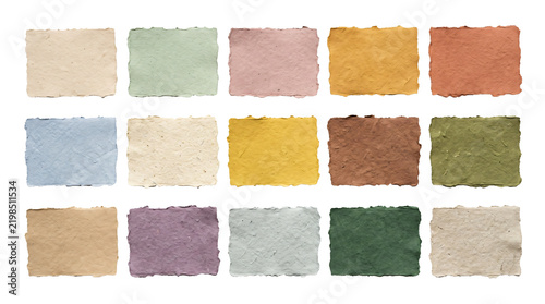 Paper scraps set with handmade rustic textures and various natural muted colors on transparent background