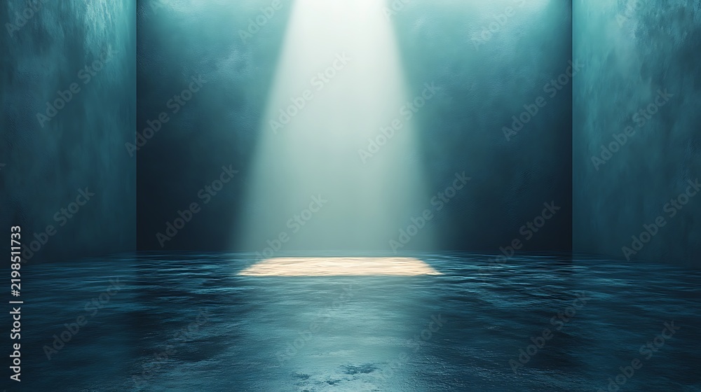 Obraz premium A single dramatic light beam illuminates a small patch of golden floor in a dark flooded room
