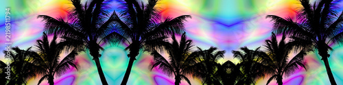 mirrored palm tree silhouettes against psychedelic sky colors