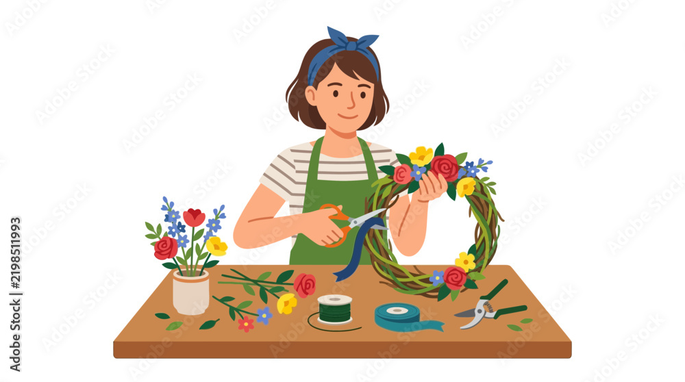 Fototapeta premium Woman making floral wreath on wooden table flat illustration
